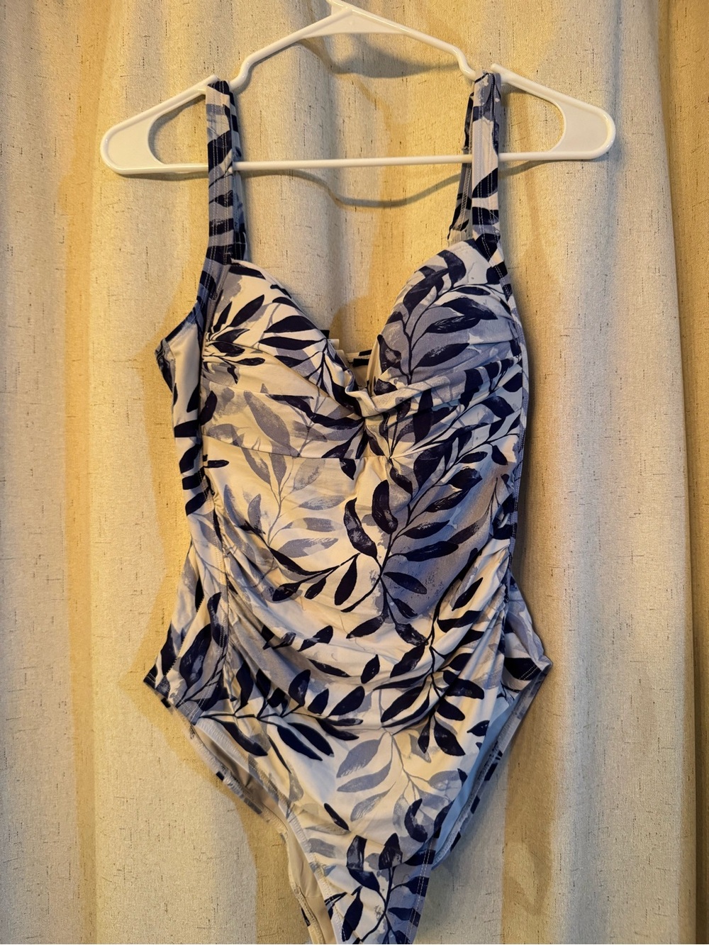 Leaf-Print Navy One-Piece Swimsuit with Ruched Front